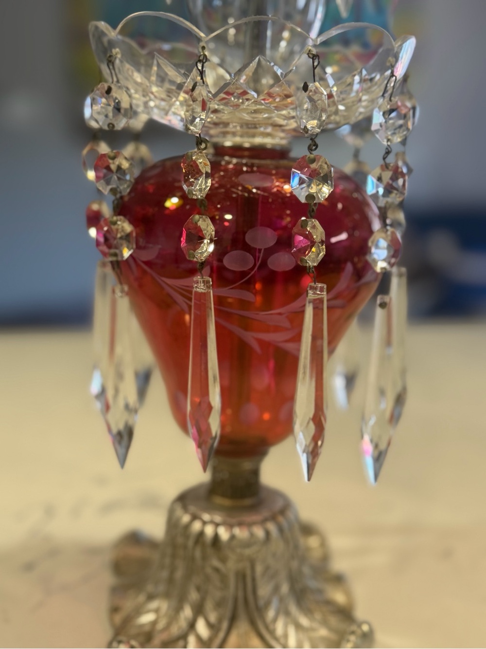 Vintage Pair GIM Cranberry Glass Hurricane Candle Lamps Crystal Prisms Boudoir - Picture 7 of 16